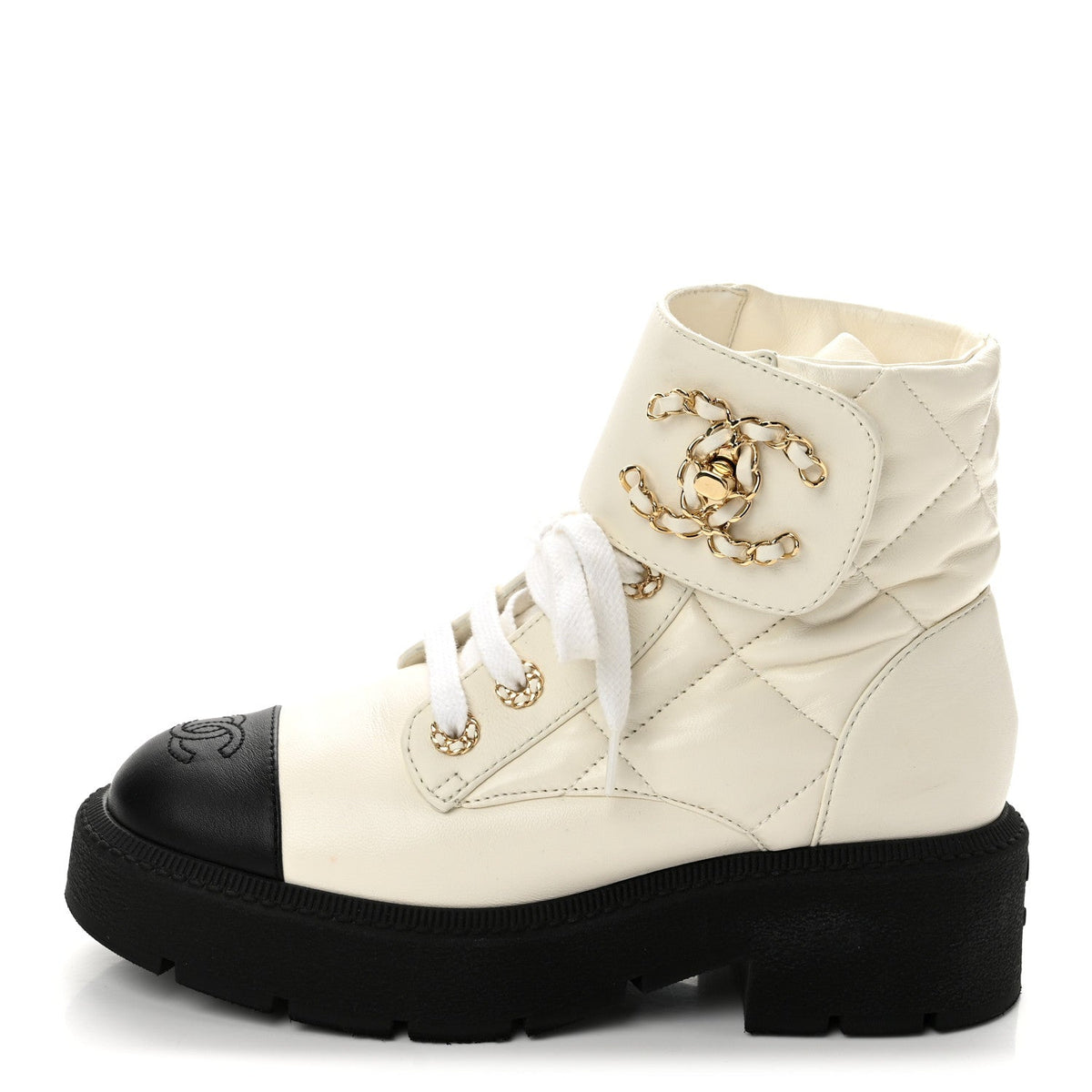 Lambskin Calfskin Quilted Lace Up Combat Boots White Black
