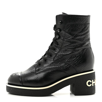 Chanel Shiny Crumpled Lambskin Lace Up Combat Women's Boots