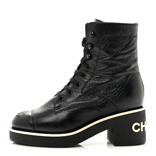 Chanel Shiny Crumpled Lambskin Lace Up Combat Women's Boots