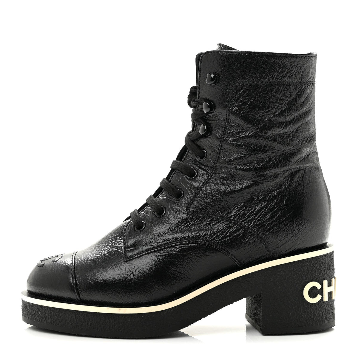 Shiny Crumpled Lambskin Lace Up Combat Boots Black