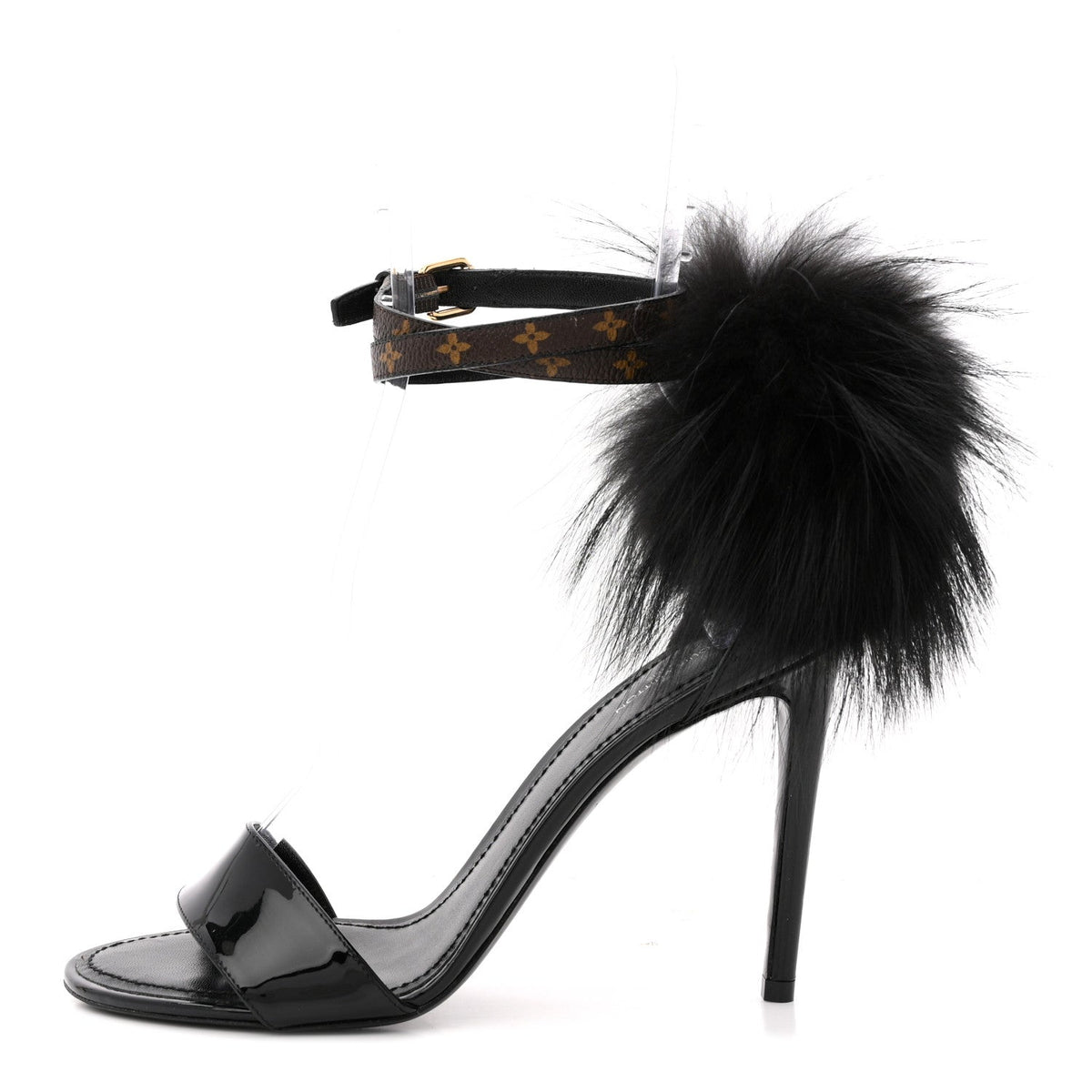 Monogram Patent Fur Sandals Black