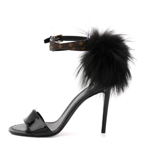 Monogram Patent Fur Sandals Black