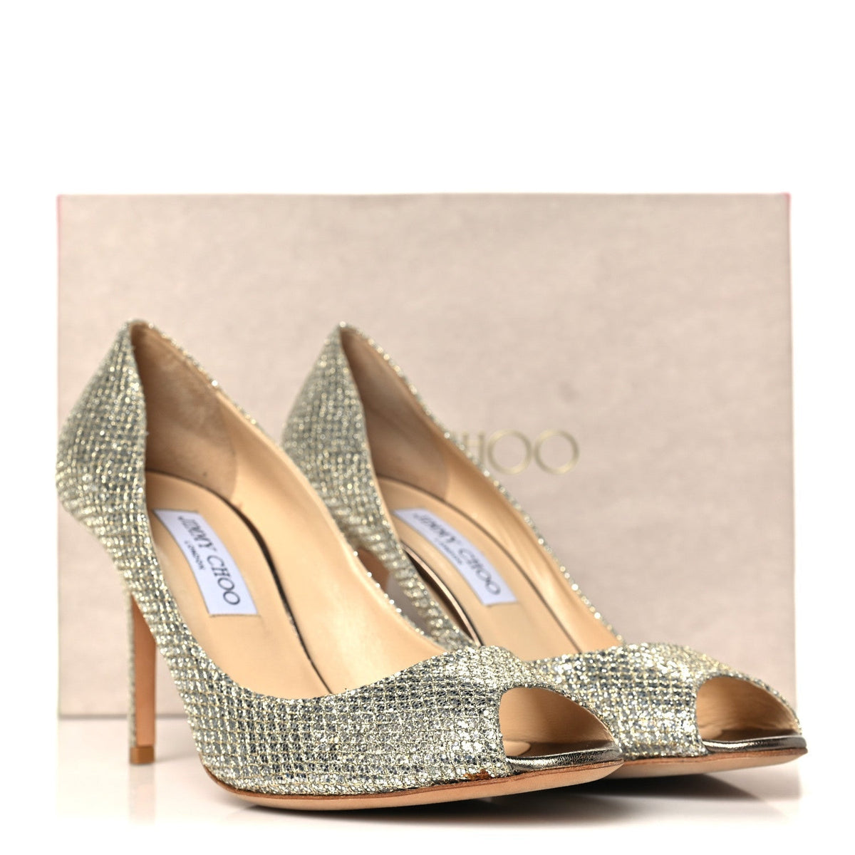 Jimmy Choo Glitter Fabric Women's Evelyn Peep Toe Pumps 40.5 Champagne