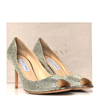 Jimmy Choo Glitter Fabric Women's Evelyn Peep Toe Pumps 40.5 Champagne