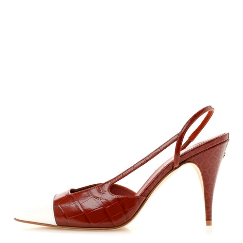 Calfskin Crocodile Embossed Patent Cap Toe Slingback Pumps Dark Red Wh