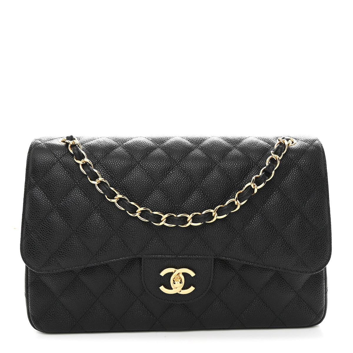 Quilted Caviar Flap Shoulder Bag - Black