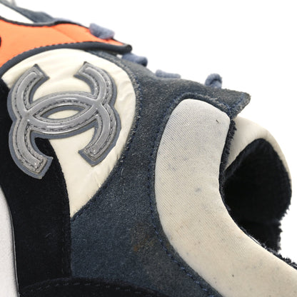 Chanel Nylon Calfskin Suede Women's CC Sneakers 35.5 Navy White Orange Black
