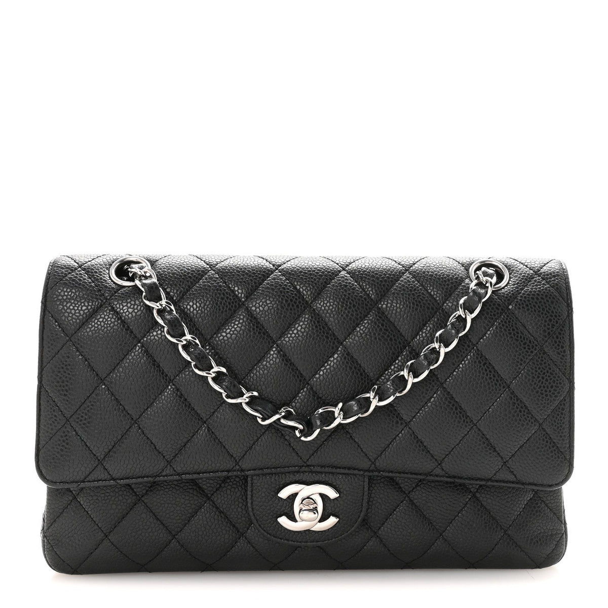 Medium Quilted Caviar Flap Shoulder Bag - Black