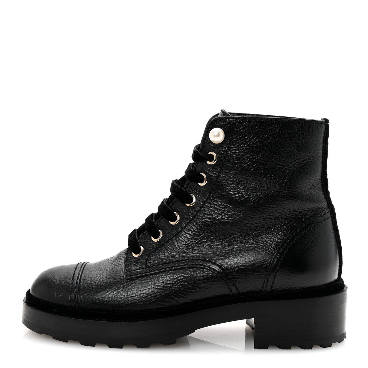 Shiny Calfskin Velvet Pearl Combat Short Boots Black
