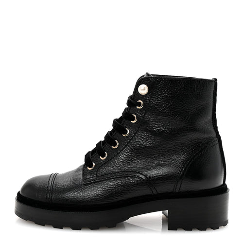 Shiny Calfskin Velvet Pearl Combat Short Boots Black