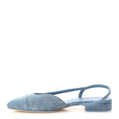 Chanel Denim Quilted CC Cap Toe Women's Slingback Flats Light Blue