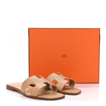 Hermes Box Calfskin Women's Oran Sandals 39 Camel