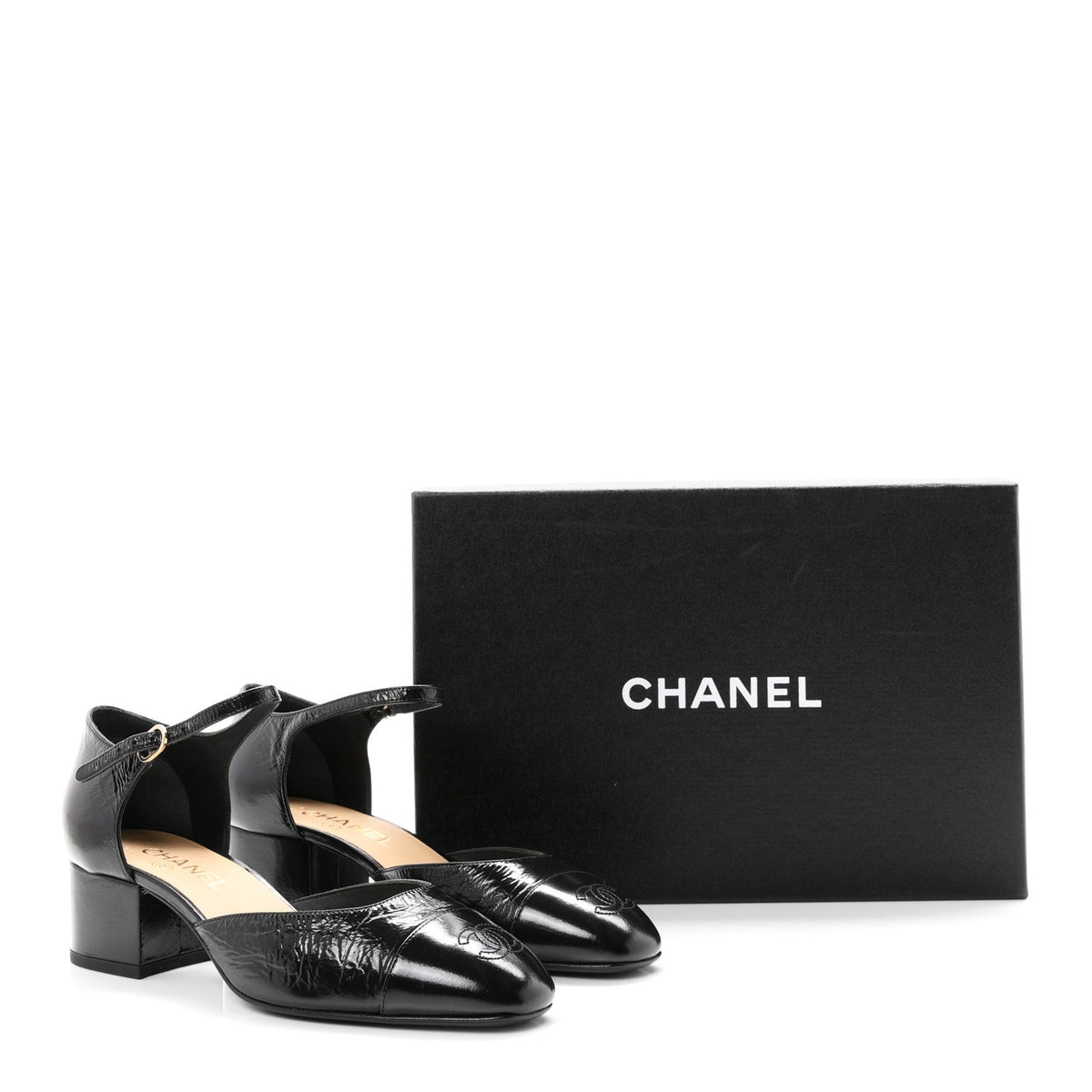 Chanel Glazed Crinkled Calfskin CC Cap Toe Mary Janes Women's Shoes