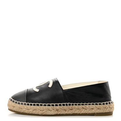 Chanel Lambskin CC Women's Espadrilles 37 Black White Dark Grey