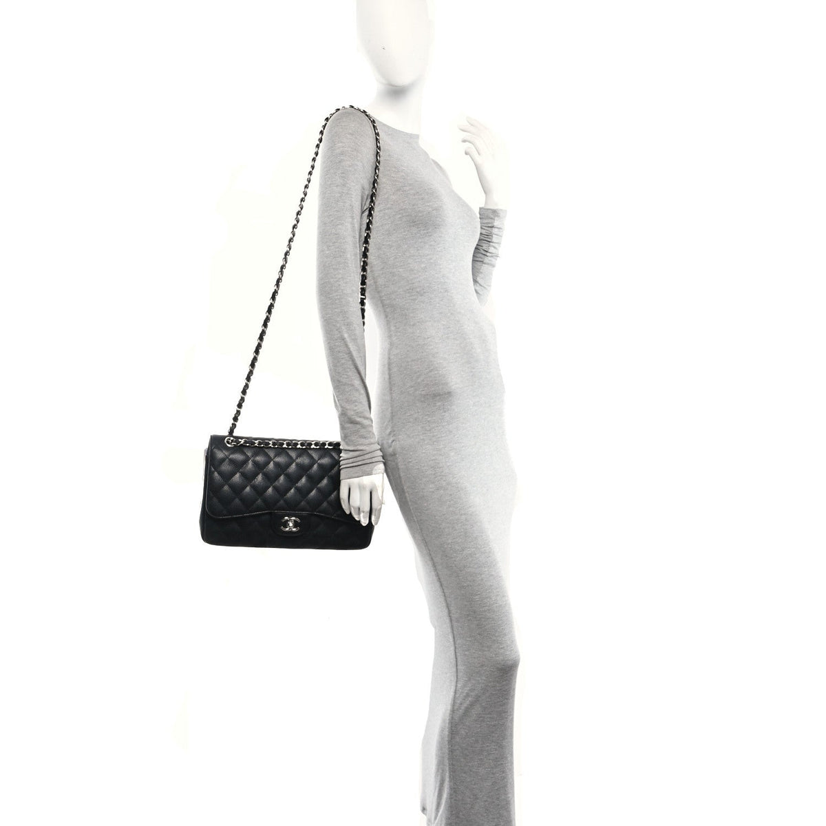Quilted Caviar Flap Shoulder Bag - Black