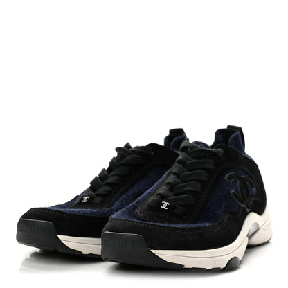 Chanel Knit Fabric Suede Calfskin CC Women's Sneakers Navy Black