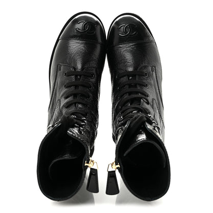 Chanel Shiny Crumpled Lambskin Lace Up Combat Women's Boots