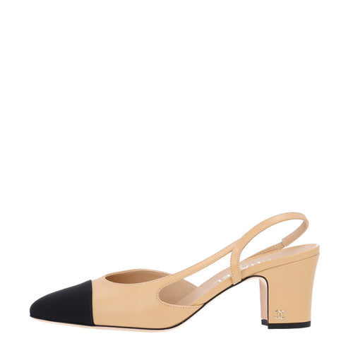 Goatskin Grosgrain Cap Toe CC Slingback Pumps Beige Black
