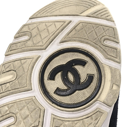 Chanel Nylon Calfskin Suede Women's CC Sneakers 35.5 Navy White Orange Black