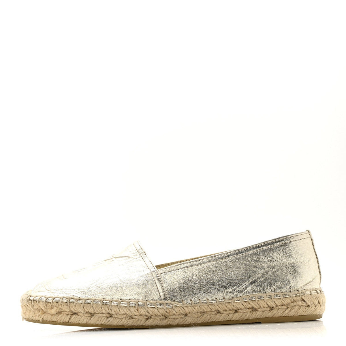 Saint Laurent Metallic Lambskin Women's Monogram Espadrilles 38 Platino