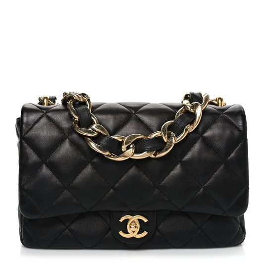 Large Quilted Lambskin Flap Shoulder Bag - Black