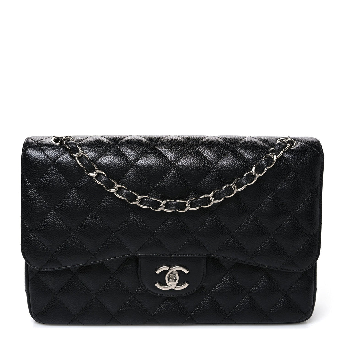 Quilted Caviar Flap Shoulder Bag - Black
