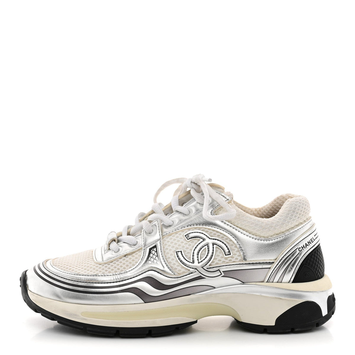 Fabric Laminated Calfskin Stretch CC Sneakers White Silver