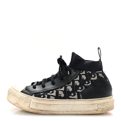 Christian Dior Technical Knit Calfskin Oblique Women's Walk'n Dior Mid Top Sneakers 35 Deep Blue
