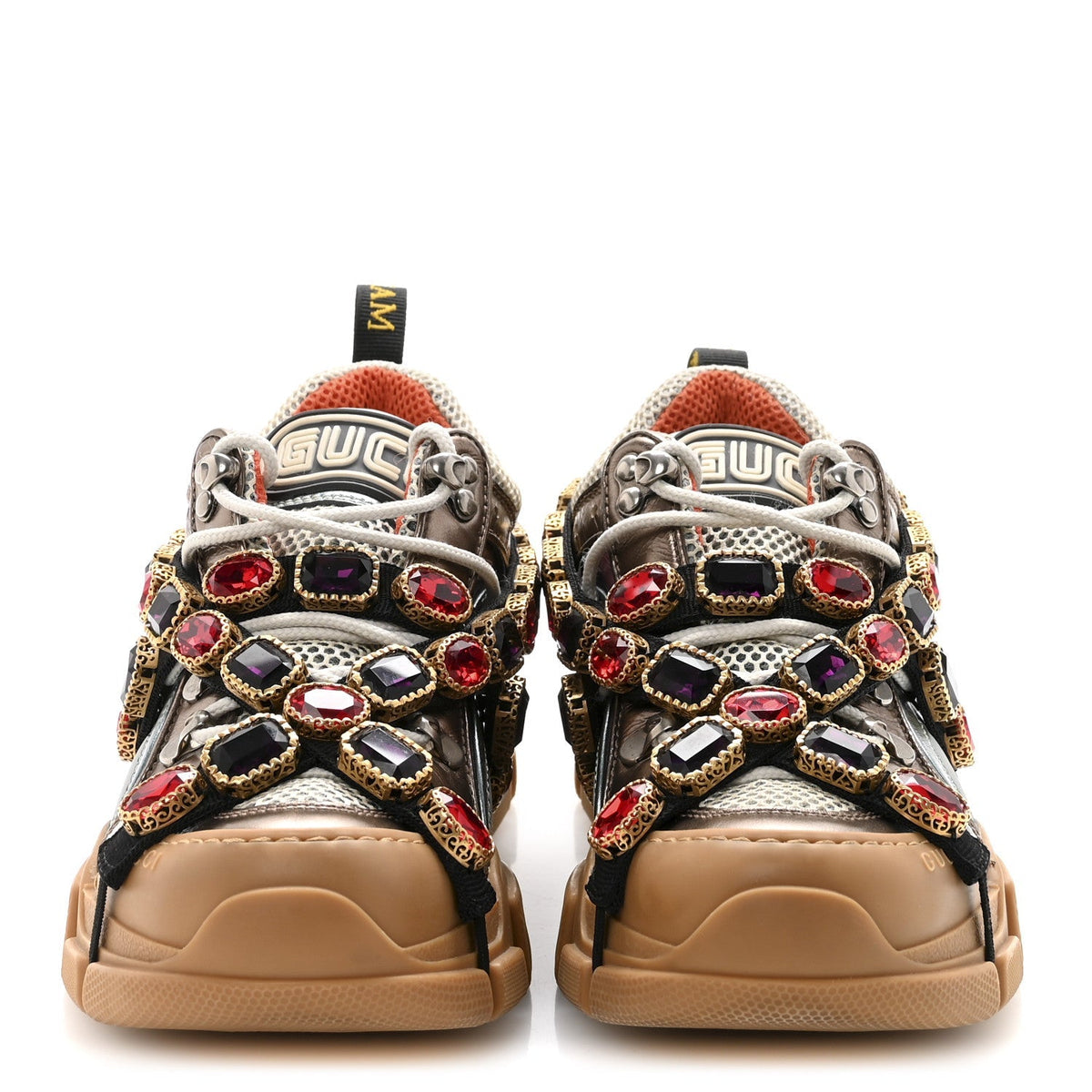 Gucci Metallic Calfskin Mesh Women's Flashtrek Sneakers 36 Rame Mystic White Lago