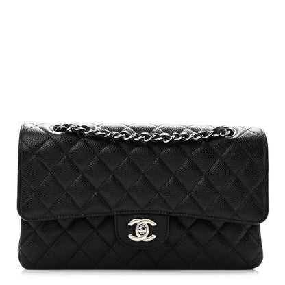 Medium Quilted Caviar Flap Shoulder Bag - Black