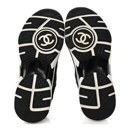 Chanel Knit Fabric Suede Calfskin CC Women's Sneakers Navy Black