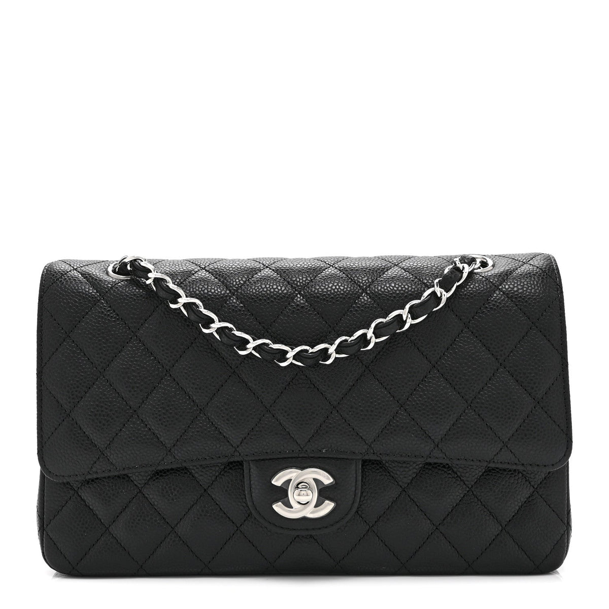 Medium Quilted Caviar Flap Shoulder Bag - Black
