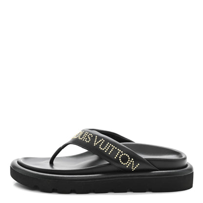 Louis Vuitton Calfskin Women's Logo Studded Pillow Flat Sandals 35 Black
