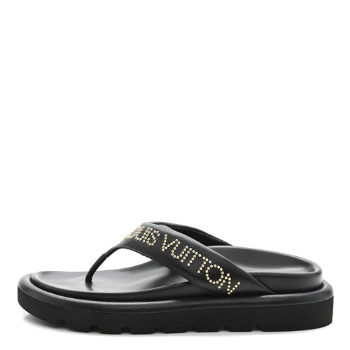 Calfskin Logo Studded Pillow Flat Thong Sandals Black