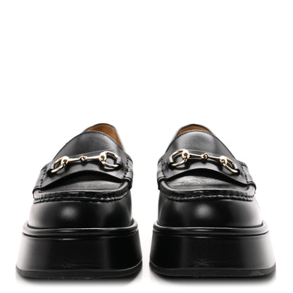 Gucci Calfskin Women's Kama Horsebit Wedge Platform Loafers 38.5 Black
