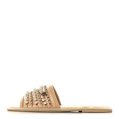Chanel Lambskin Women's Pearl Chain Flat Slipper Sandals M Beige