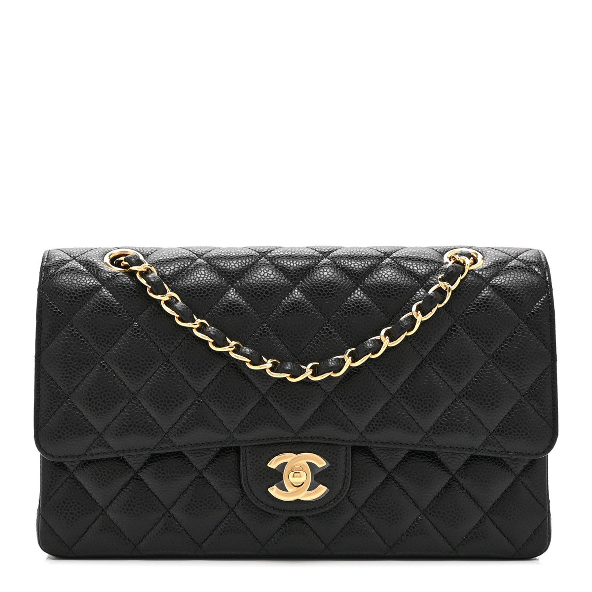 Medium Quilted Caviar Flap Shoulder Bag - Black