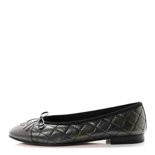 Metallic Aged Calfskin Quilted CC Cap Toe Ballerina Flats Dark Silver