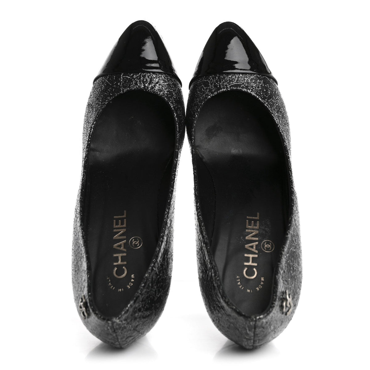 Chanel Metallic Crackled Calfskin Patent Cap Toe Women's Pumps 41 Silver Black
