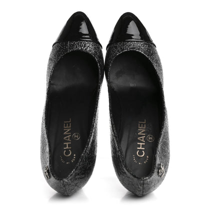 Chanel Metallic Crackled Calfskin Patent Cap Toe Women's Pumps 41 Silver Black