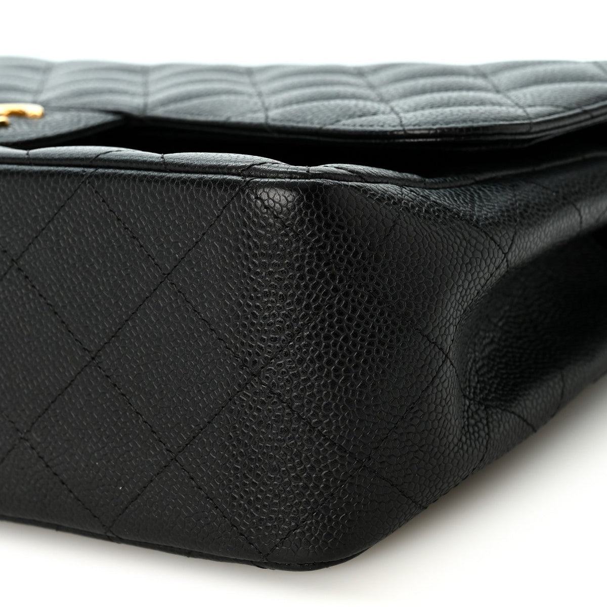 Quilted Caviar Flap Shoulder Bag - Black