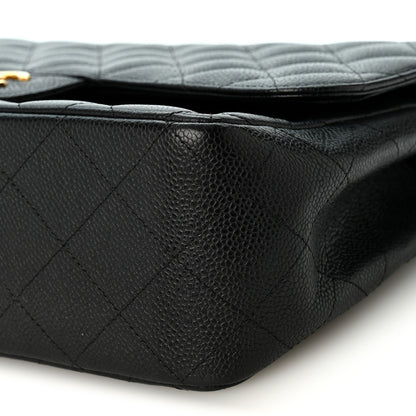 Quilted Caviar Flap Shoulder Bag - Black