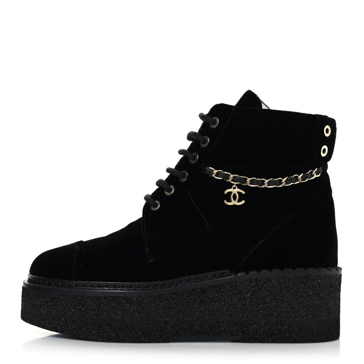 Velvet Chain Lace Up CC Short Boots Black