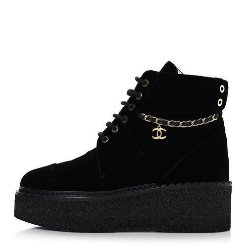 Velvet Chain Lace Up CC Short Boots Black