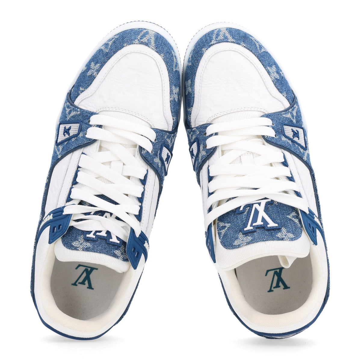 Louis Vuitton Calfskin Embossed Monogram Denim Women's LV Trainer Sneakers 40 Blue