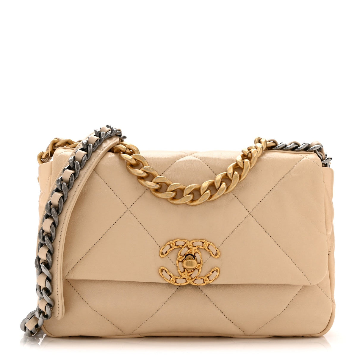 Medium Quilted Lambskin Flap Shoulder Bag - Beige