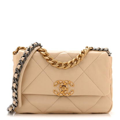 Medium Quilted Lambskin Flap Shoulder Bag - Beige