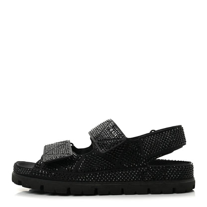 Prada Satin Crystal Women's Logo Velcro Sandals 37.5 Black