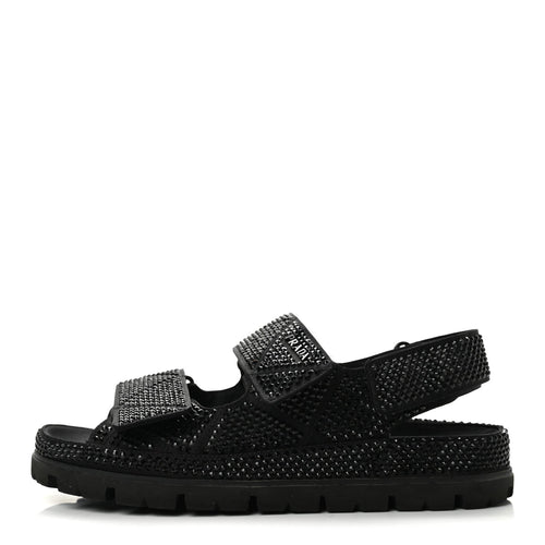 Prada Satin Crystal Women's Logo Velcro Sandals 37.5 Black