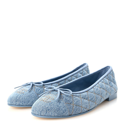 Chanel Denim Quilted CC Cap Toe Women's Ballerina Flats Light Blue